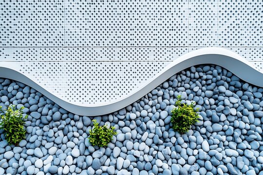Modern exterior architectural design featuring smooth white wall with perforations, colorful pebbles, and small green plants for outdoor space