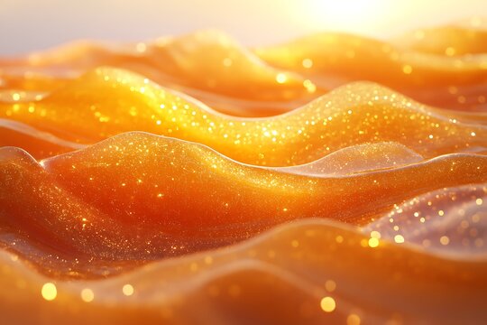 Close-up of golden shimmering liquid surface with sparkling reflections and smooth flowing waves, sunlight highlighting warm tones and glossy texture
