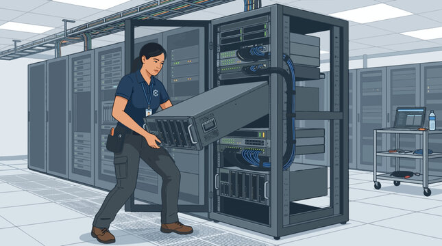 2D Flat Vector IT technician installing server hardware in a data center