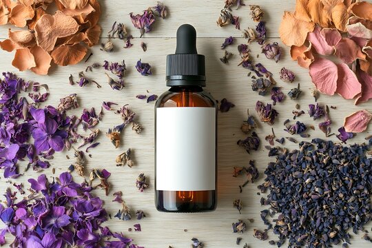 Aromatherapy Essential Oil Bottle with Dried Flower Petals on Light Wooden Surface for Relaxation and Wellness