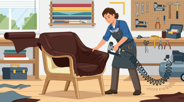 2D Flat Vector Upholsterer reupholstering a chair with fabric using a staple gun in a workshop