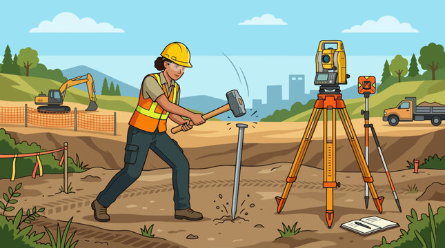 2D Flat Vector Surveyor uses sledgehammer to drive stake into ground at construction site with excavator and truck