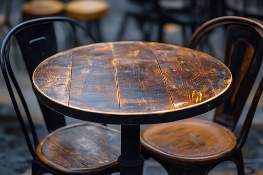 Rustic round wooden table with matching chairs in cozy cafe setting for dining or coffee moments, close-up shot highlighting textured surface