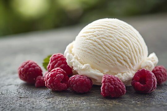 Creamy vanilla ice cream scoop with fresh raspberries on dark stone surface, close-up, dessert, sweet treat, summer snack, cool food, healthy snack