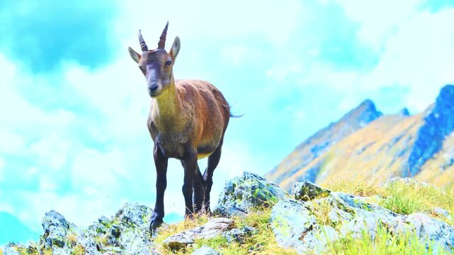 Alpine ibex standing on a rocky mountain slope under blue sky