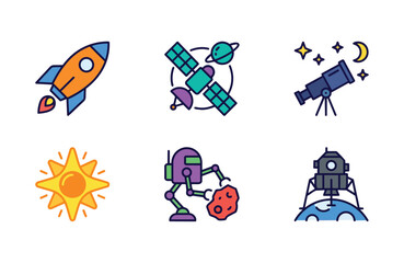 Space economy flat icon set with rocket, satellite, telescope, sun, asteroid mining robot, and lunar lander © Dwi