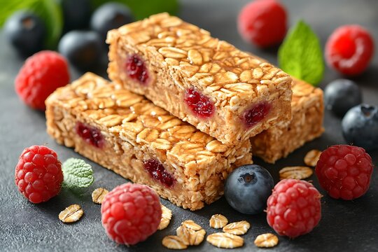 Crispy oat bars with berry filling surrounded by fresh raspberries blueberries and mint leaves on dark background