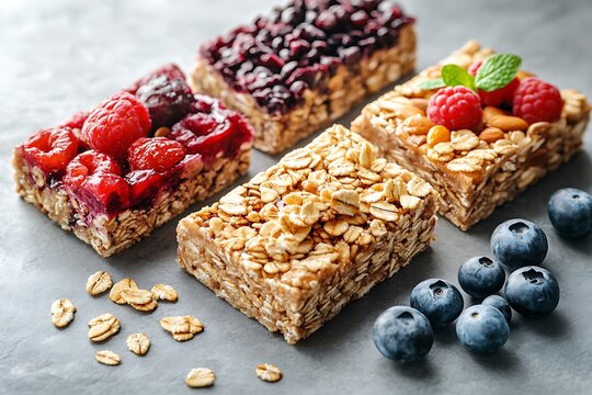 Assorted Granola Bars with Berries and Nuts on a Gray Surface, Fresh Blueberries for Healthy Snack Option