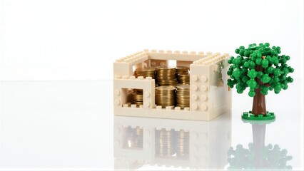 Fototapeta premium Lego house filled with gold coins, tree beside it on reflective surface.