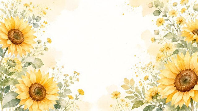 Watercolor sunflower and wildflower border frame, elegant floral background with yellow flowers and green leaves, botanical illustration isolated on white background