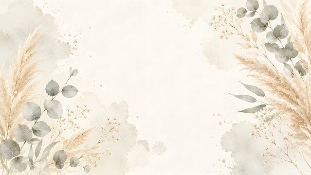 Watercolor background with pampas grass and eucalyptus leaves, elegant floral frame with botanical elements in neutral beige and soft grey tones
