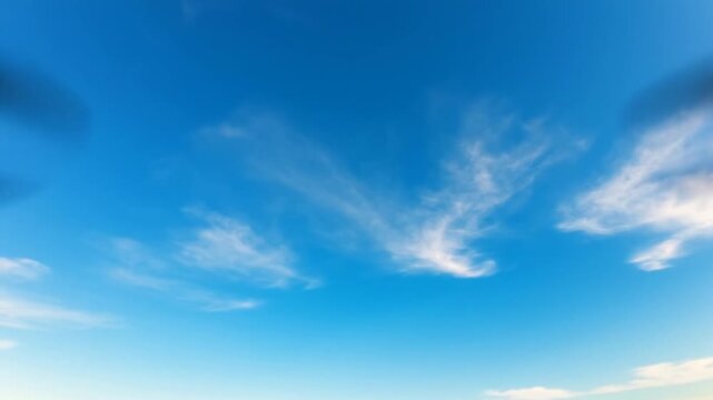 Vibrant blue sky with soft white cirrus clouds on a bright sunny day, perfect background for nature, environment, and clean air concepts