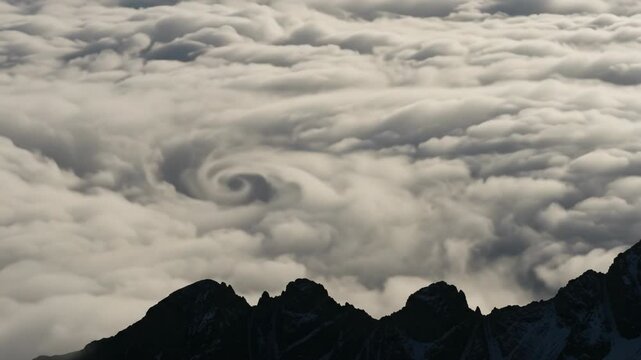 Majestic mountain peak emerges from ethereal cloud sea, surreal swirling vortex of mist creates mesmerizing, dreamlike atmosphere, evoking serene wonder and tranquility nature landscape