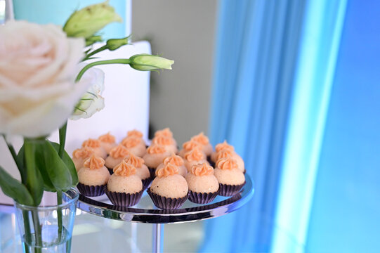 gourmet brigadeiro sweets with dulce de leche piping, elegant wedding candy presentation on glass stand, luxury dessert catering event buffet, delicious confectionery close up