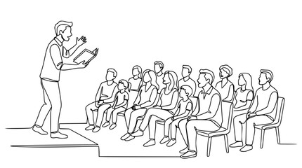 Obraz premium Man reads book to seated audience, line drawing illustration, storytelling concept
