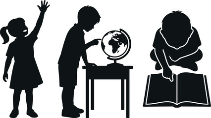 Elementary school children learning silhouettes collection featuring reading book geography globe and student raising hand © Abu Siddik