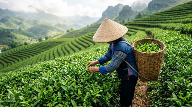 Farmer harvesting tea leaves in a lush green terraced plantation with mountains in the background