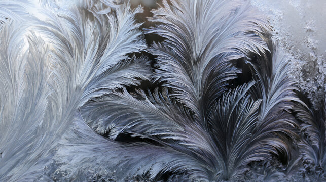 Intricate feather-like frost patterns formed on a window pane