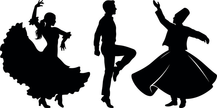 Traditional world folk dance silhouettes collection featuring flamenco dancer whirling dervish and step dancing vector illustration