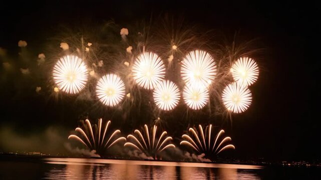 Purple fireworks display exploding over dark water surface at night sky explosion reflection