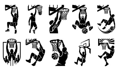 Basketball Slam Dunk Silhouette Set, Player Hanging on Rim Vector Icons © prettygfx