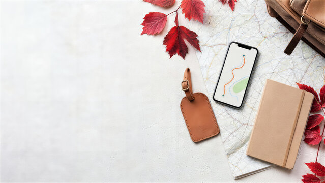 スマートフォンと地図、財布、紅葉を並べた秋旅行のフラットレイ