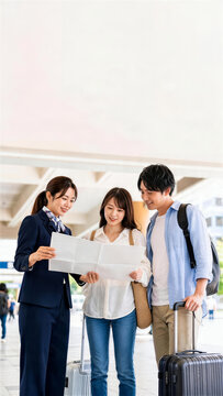 明るい駅構内で観光地図を案内する日本人女性スタッフと旅行者