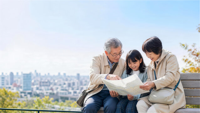 展望台のベンチで地図を広げる祖父母と孫の日本人家族旅行