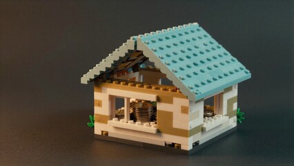 Fototapeta premium Lego house with coins inside, symbolizing savings or home ownership.