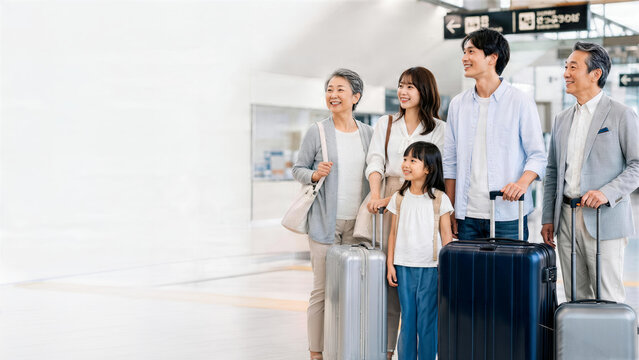 駅構内でスーツケースと出発を待つ三世代の日本人家族