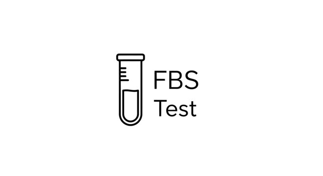 Simple black line icon of a laboratory test tube with the text "FBS Test", representing a Fasting Blood Sugar medical examination. Isolated on white background.