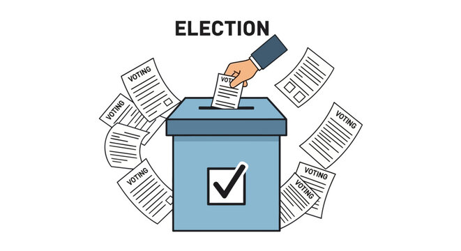 A hand places a paper ballot into a blue box for a democratic process