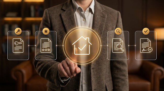 Businessman selecting house approval process icon on virtual screen