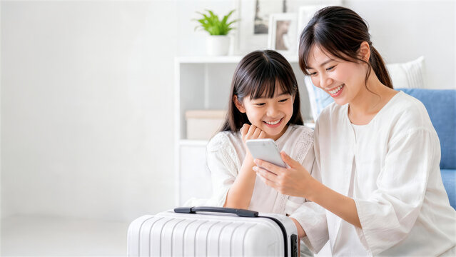 自宅でスマートフォンの旅行予約を確認する日本人の母娘