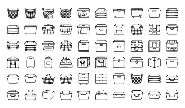 Storage Container Outline Icons Basket Bin and Crate Vector Collection