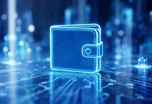 Glowing digital wallet icon on futuristic blue technology background representing cryptocurrency, secure online payments, fintech, digital banking, blockchain transactions, virtual finance, innovation