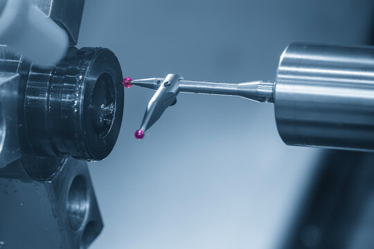 High-precision modular probe measuring the dimension of a metal part on a CNC lathe machine.