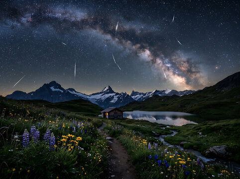 Breathtaking view of the Milky Way galaxy over the Swiss Alps with wildflowers and a mountain lake.