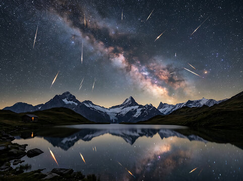 Breathtaking night landscape featuring the Milky Way galaxy and a meteor shower reflecting over a calm mountain lake.