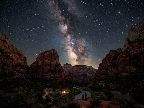 Stunning night sky with the Milky Way galaxy over Zion National Park canyon.
