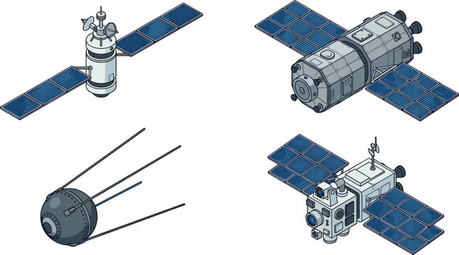 Isometric Space Satellite and Orbital Station Vector Bundle with Solar Panels for Aerospace Technology, Communication, Science, and Sputnik Exploration Designs