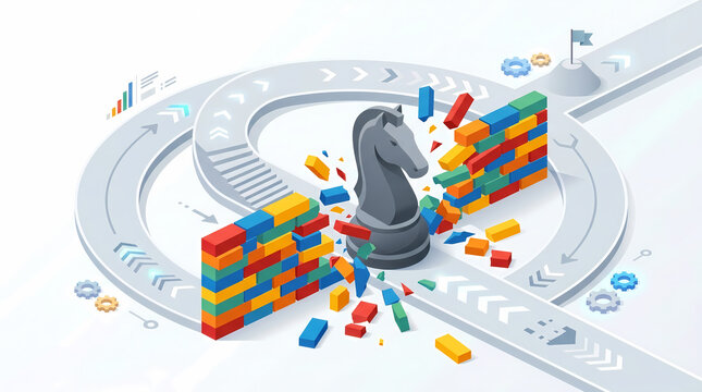 3D isometric illustration of a giant chess knight piece breaking through a brick wall barrier.
