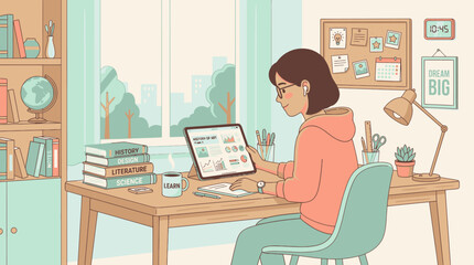 Fototapeta premium Woman sitting at desk with laptop.