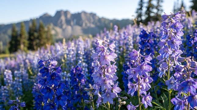 Purple lupine flowers in mountain meadow