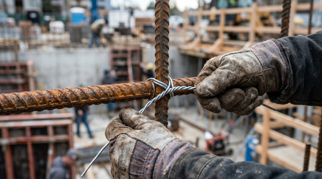 Construction worker tying rebar on a building site
