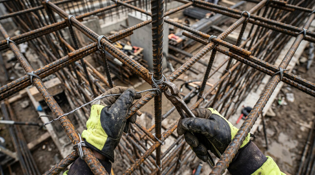 Construction Worker Gloves on Steel Reinforcement Grid Top-Down View Industrial Setting