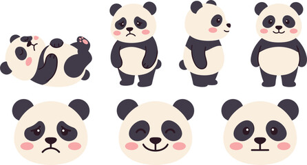 Vector illustration set of a cute panda character sheet showing different poses body angles and facial expressions. © MdEajdani