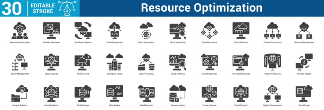 Resource Optimization icon set collection business with icon of Resource Optimization, Scalable Resources, Distributed System, Cloud Deployment, Cloud Automation, Cloud Monitoring, Cloud Operations.