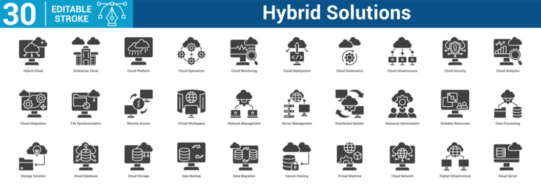 Hybrid Solutions icon set collection business with icon of Hybrid Cloud, Enterprise Cloud, Cloud Platform, Cloud Operations, Cloud Monitoring, Cloud Deployment, Cloud Automation, Cloud Infrastruc.