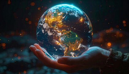 Fototapeta premium Humanity's Embrace: A gentle hand cradles a luminous, glowing Earth, symbolizing our collective responsibility and the delicate balance of our planet in a futuristic, ethereal glow.